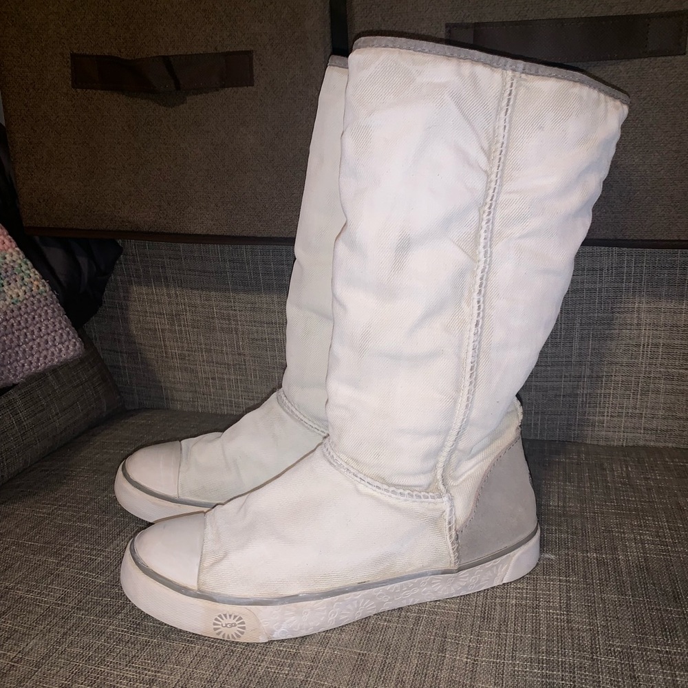Tall white and gray rubber sole uggs
